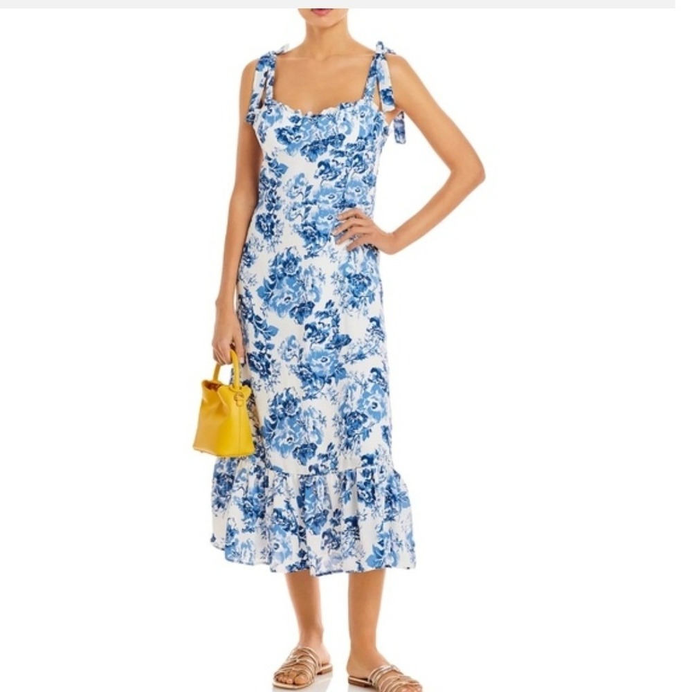 AQUA Blue Floral Tie Strap Midi Dress Smocked Back Ruffle Hem XS New